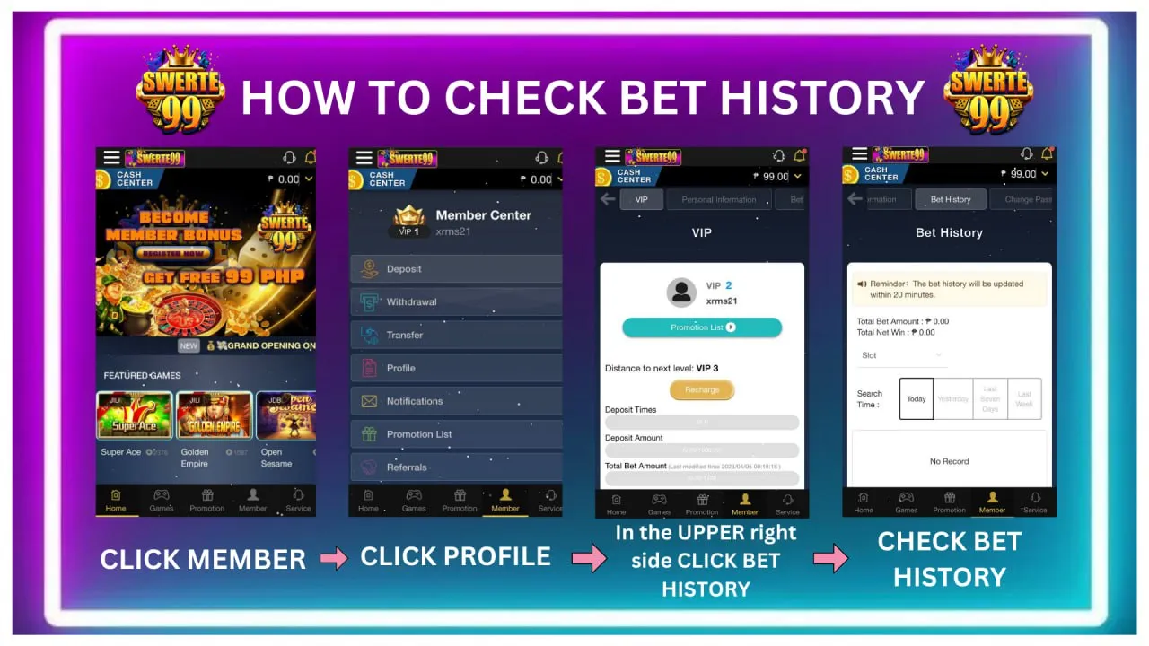 swerte99 How to check bet history